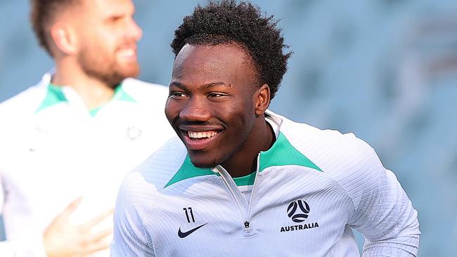 ADELAIDE, AUSTRALIA - OCTOBER 09: Nestory Irankunda of the Socceroos during a Socceroos training session at Coopers Stadium on October 09, 2024 in Adelaide, Australia. (Photo by Sarah Reed/Getty Images)