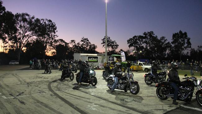 Competitors lining up for the Super Twins class at All Bikes at Benaraby Dragway. Picture: Rodney Stevens