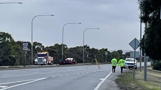 Major Crash Investigators at the scene of the fatal crash on the Port River Expressway at Gillman on Tuesday night. Picture: Dean Martin