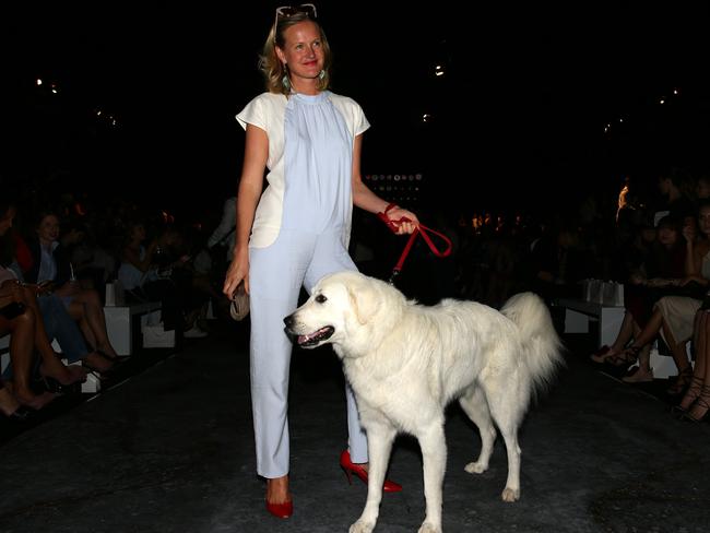 Alexandra Power with dog Atlas at the Misha Collection show. Picture: Jonathan Ng