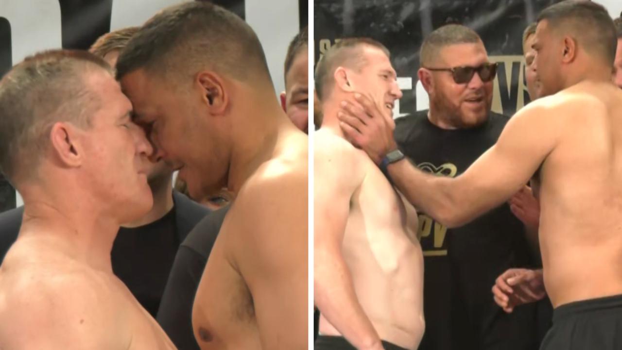 Paul Gallen and Justin Hodges came to blows at the weigh-in. Picture: Supplied