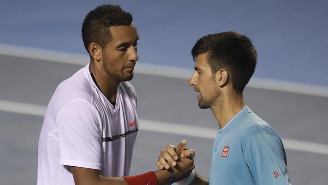 In their two meetings, Novak Djokovic has failed to take a set off Nick Kyrgios. Pictured: the pair in Mexico in 2017. Picture: Getty Images