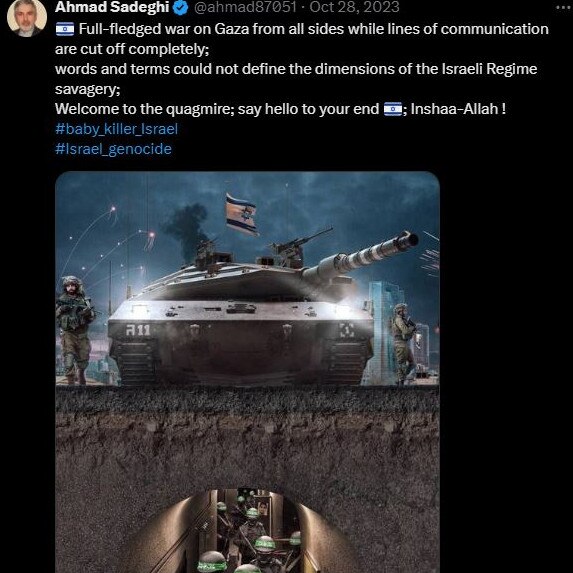 Iranian ambassador Ahmad Sadeghi posts an image of Hamas terrorists in what appears to be a tunnel underneath an Israeli tank. Picture: X