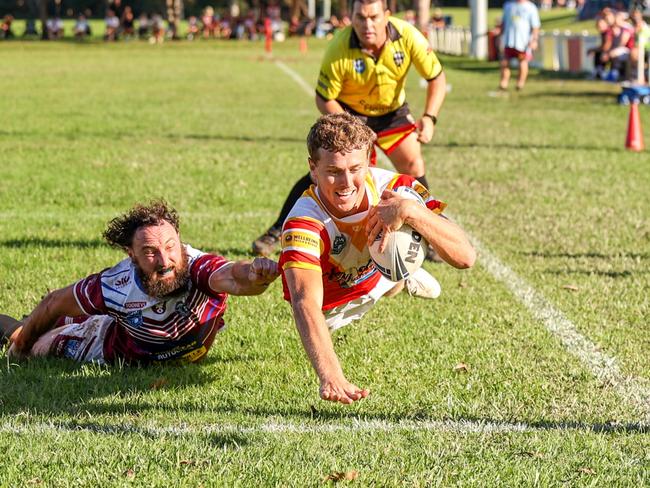 Jett McCarthy scores in the corner. Coffs Harbour Comets v Macksville Sea Eagles, Group 2 Rugby League round one, 2025, at Geoff King Motors Oval. Picture: D Wigley