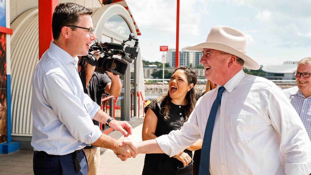 David Littleproud MP greets Deputy Prime Minister Barnaby Joyce and Jacinta Nampilinpa Price (Senate candidate for Northern Territory).  Picture Brad Hunter, Office of the Deputy PM