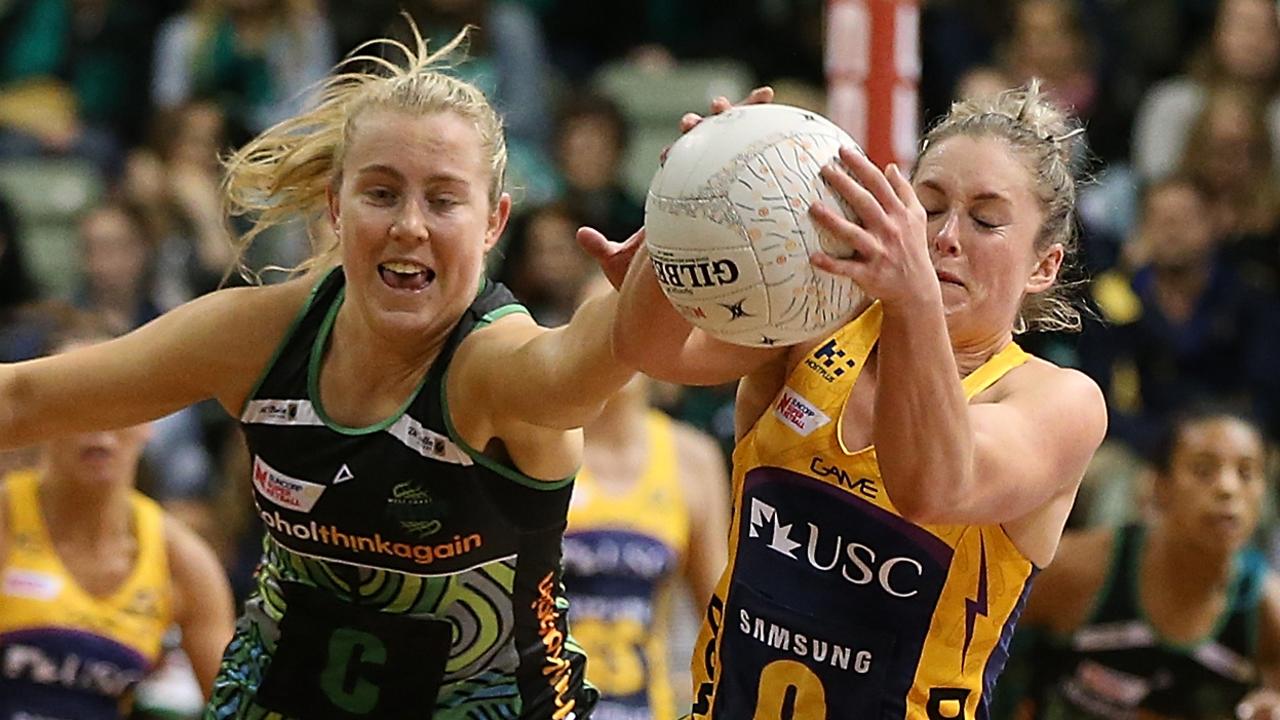 Sunshine Coast’s Laura Scherian (right) claims the ball ahead of Jessica Antiss of West Coast Fever last weekend.