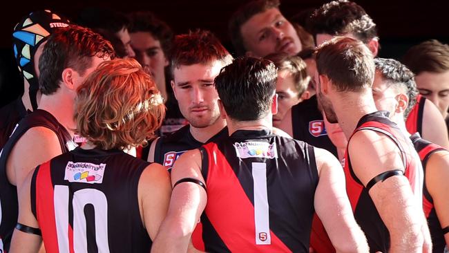 West Adelaide players gather before a SANFL game against Glenelg at Richmond Oval last year. Picture: David Mariuz/SANFL