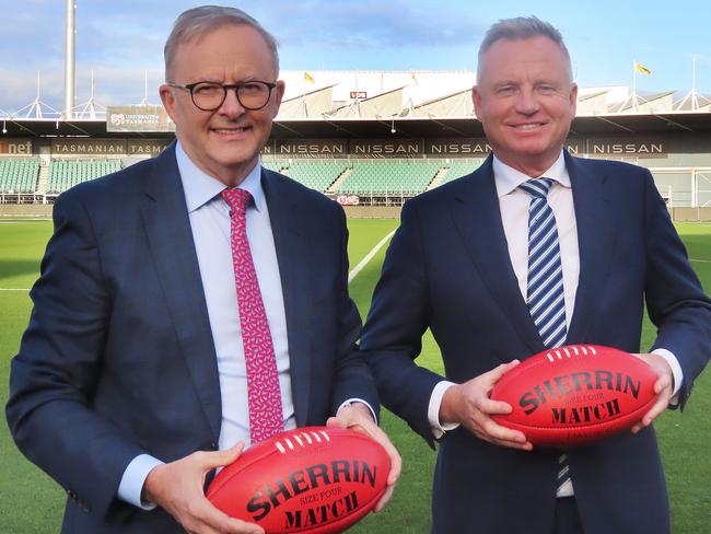 PM Anthony Albanese and Tasmania premier Jeremy Rockliff at Friday's announcement of federal funding to upgrade Launceston's UTAS Stadium. Picture: Jon Tuxworth