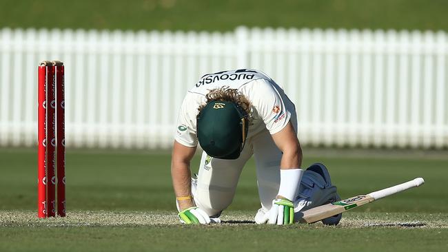 Will Pucovski goes down after being hit during an Australia A game at Drummoyne Oval in Sydney. Pitcure: Getty Images