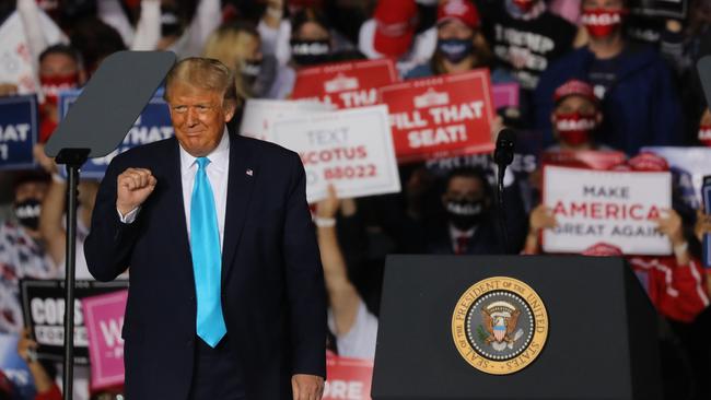 Donald Trump makes a fist during a rally in Middletown, Pennsylvania after announcing Amy Coney Barrett as his choice to be the new Supreme Court justice. Picture: AFP