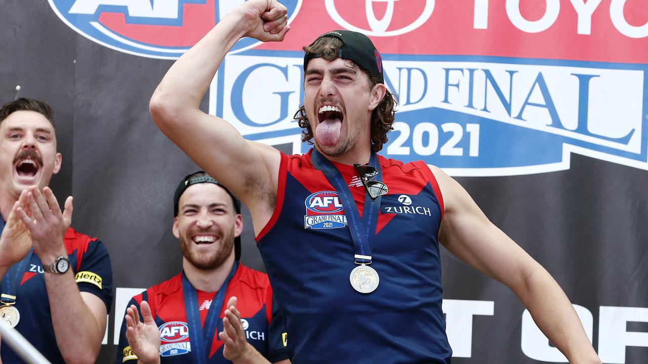 Luke Jackson celebrates Melbourne’s 2021 premiership. Picture: Michael Klein