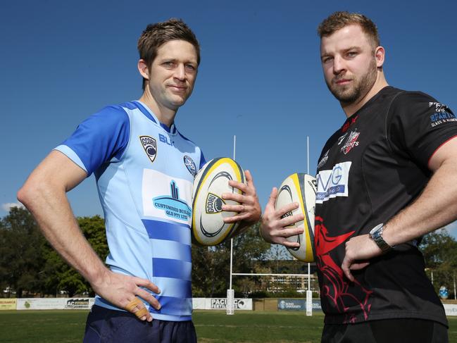 Ready to face off in the Gold Coast District Rugby Union first grade grand final at Bond University on Saturday are captains Hayden McCaa (Helensvale Hogs) and Jaye Paton (Griffith University Colleges Knights).  Picture Glenn Hampson