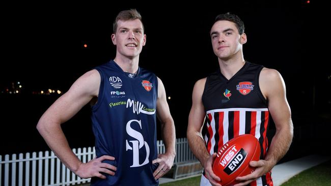 Sam Tharaldsen (left) representing Southern Districts in the SA country football championships. Picture: Mark Brake