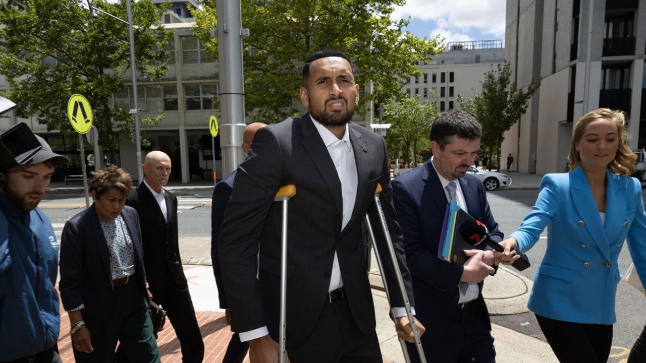 Nick Kyrgios at ACT Magistrates Court in February, seen on crutches after undergoing knee surgery. Picture: NCA NewsWire / Gary Ramage