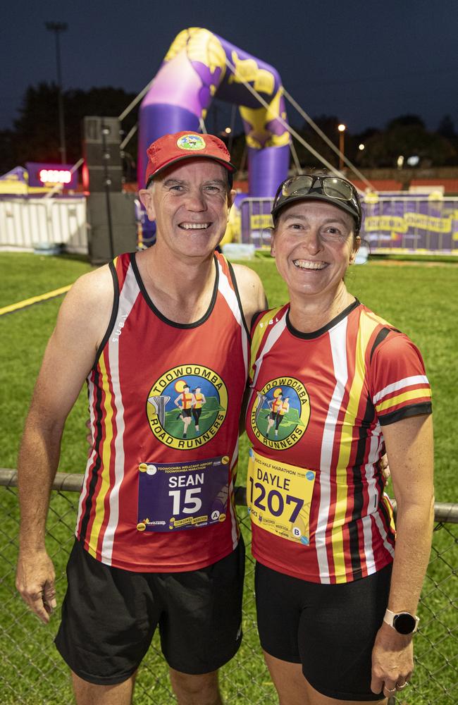 Toowoomba Road Runners Sean and Dayle Needham before the half marathon of the Toowoomba Marathon event. Sean placed second, Sunday, May 5, 2024. Picture: Kevin Farmer