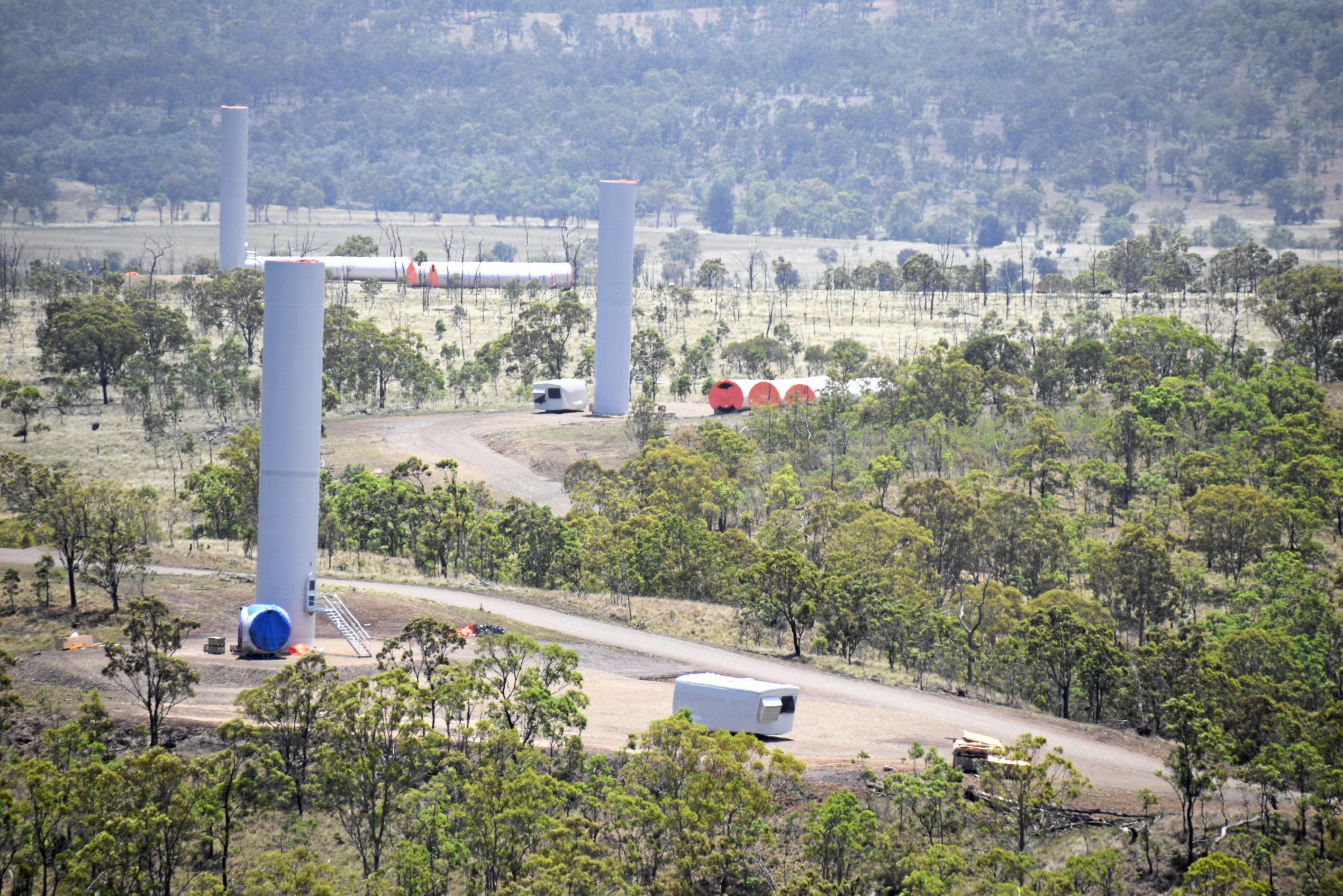 A look at the Coopers Gap wind farm with the completion of the third wind turbine only days away. Picture: Matt Collins