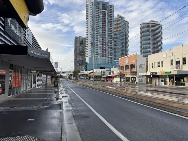 The streets of Southport were empty ahead of Tropical Cyclone Alfred on Thursday, March 6, 2025. Picture: Andrew Potts