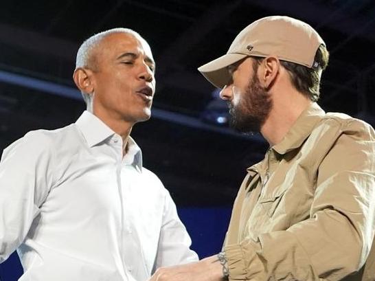 Eminem introduced former President Barack Obama on stage in Detroit. Picture: Getty.