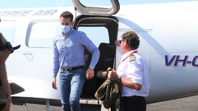 Opposition leader David Crisafulli arrives in Lockhart River to see first-hand how the community has achieved an 80 per cent first dose jab rate. Picture: Peter Carruthers