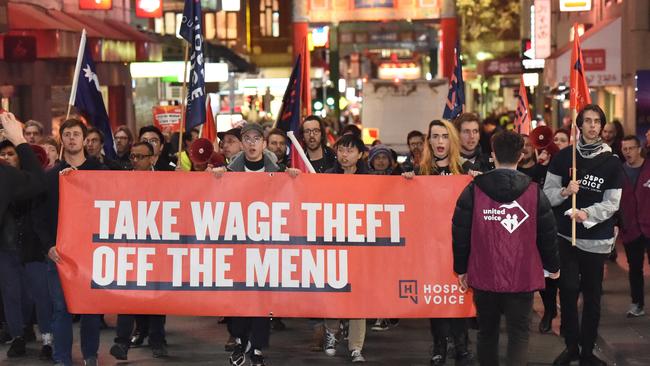 Unions like United Voice have organised rallies to protest exploitation of migrant workers in the hospitality sector. Picture: Tony Gough