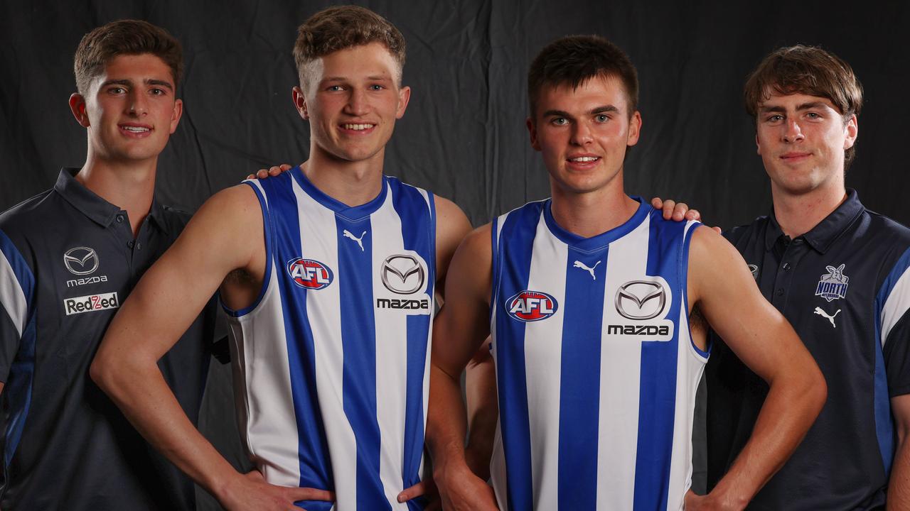 North Melbourne draftees Zane Duursma (centre left) and Colby McKercher (centre right) with last year’s recruits Harry Sheezel (left) and George Wardlaw. Picture: Michael Klein