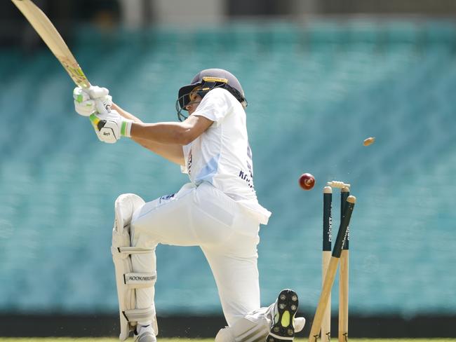 SYDNEY, AUSTRALIA - FEBRUARY 18: Sam Konstas of New South Wales is bowled by Scott Boland of Victoria during the Sheffield Shield match between New South Wales and Victoria at Sydney Cricket Ground, on February 18, 2025, in Sydney, Australia. (Photo by Darrian Traynor/Getty Images)