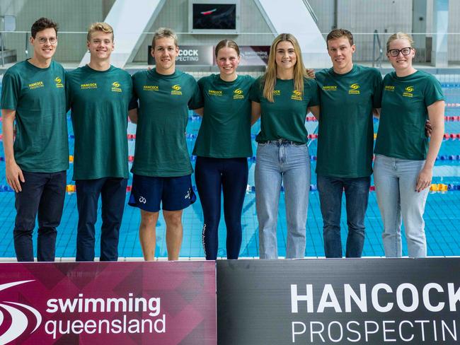 Mitch Larkin, Ty Hartwell, Will Martin, Lizzy Dekkers, Jenna Strauch, Zac Stubblety-Cook, Katja Dedekind at the Hancock Prospecting launch. Photo supplied Swimming Queensland