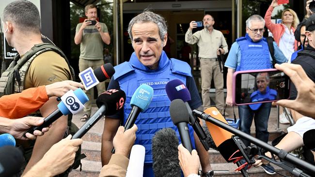 Rafael Grossi speaks to media in Zaporizhzhia on Thursday. Picture: AFP