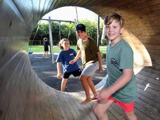 Playgrounds re-open after lockdown - (L) Reef Hartwell, Ethan Cunningham and Caleb Cattell from Hervey Bay at Ernie Organ Park in Torquay.Photo: Alistair Brightman. Picture: Alistair Brightman