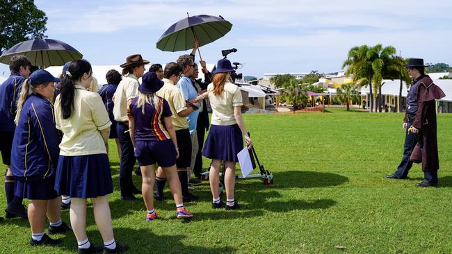 Oscar-winning cinematographer Greg Huglin teaching Holy Spirit College students the art of filmmaking. Picture: Heidi Petith