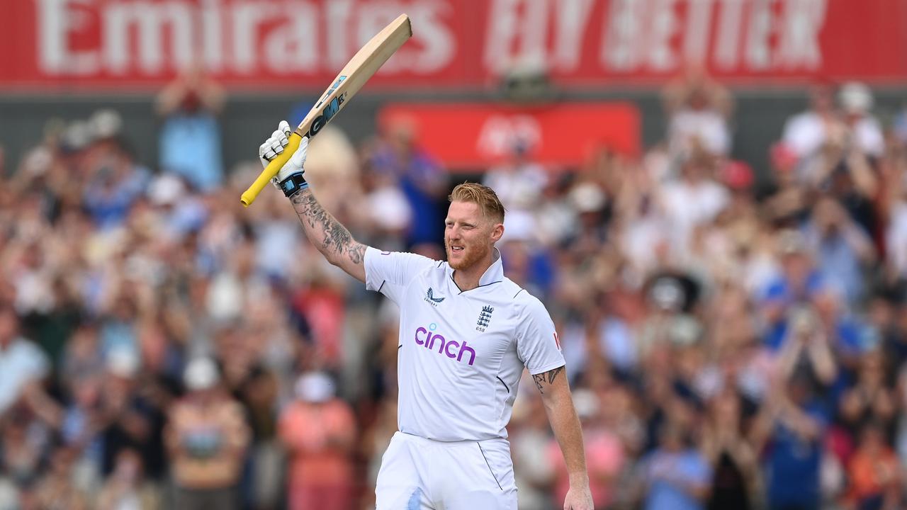 MANCHESTER, ENGLAND – AUGUST 26: England batsman Ben Stokes reaches his century during day two of the second test match between England and South Africa at Old Trafford on August 26, 2022 in Manchester, England. (Photo by Stu Forster/Getty Images)