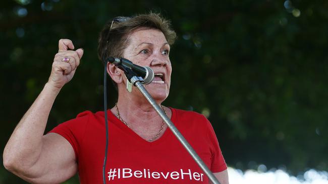 Trish Berrill speaks to a large crowd at the March 4, 2021 Justice protest rally and march, held at Fogarty Park. Picture: Brendan Radke