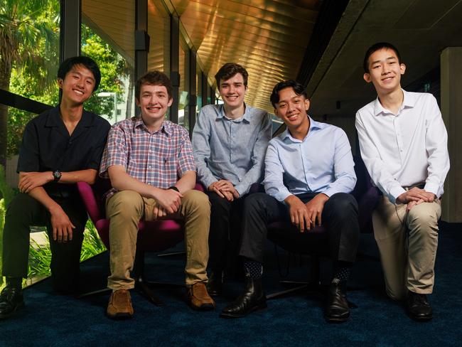 Felix Lin, Noah Bilski, Tom Collins, Oliver Hoang and David (Fanpu) Guo, from Sydney Grammar School, at the NSW HSC First in Course ceremony, at UNSW, today. Picture: Justin Lloyd