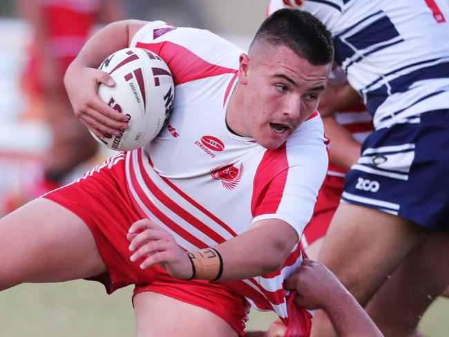 Langer Cup: PBC host St Mary's Toowoomba at Burleigh Bears Rugby League Club at Pizzey Park Miami. PBC's Jack Cullen runs into some solid defence from St Mary's Cooper Tate-Roche.  Picture Glenn Hampson