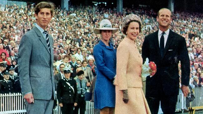 Prince Charles, Princess Anne, Queen Elizabeth and Prince Philip at the MCG in 1970.