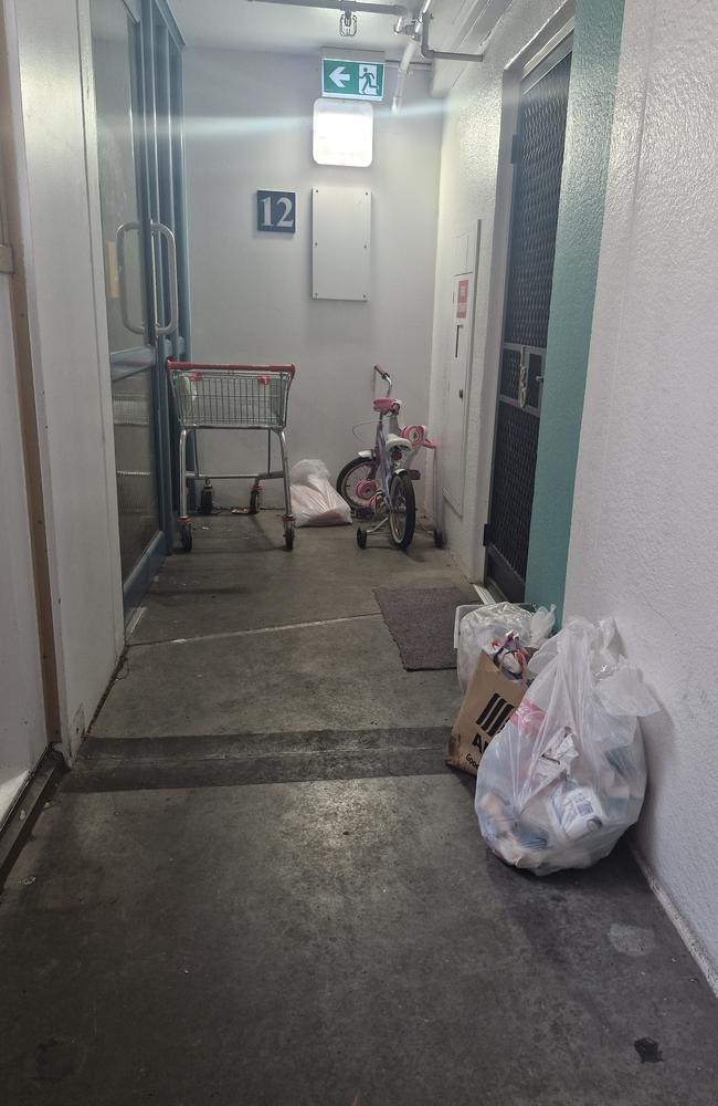 A child’s bike on the 12th floor of 108 Elizabeth Street, next door to Melbourne only injecting room. Picture: news.com.au