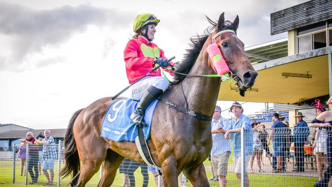 Maquereau, ridden by jockey Kate Southam, wins the 2020 Innisfail Cup (2000m) for trainer Sharlee D'Avila. Picture: Peter Roy.