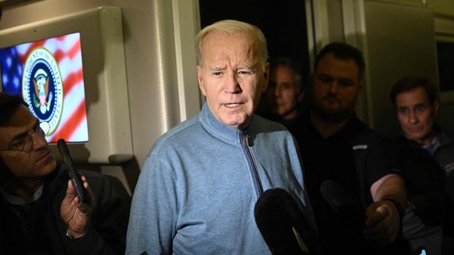 Joe Biden speaks to the media during his flight returning from Israel aboard Air Force One last October 18. Picture: AFP