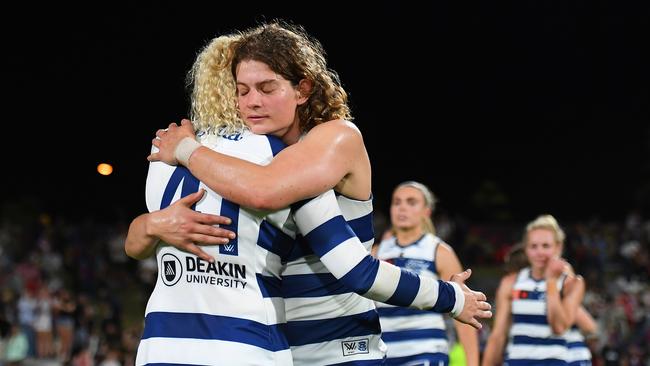 Georgie Prespakis and Nina Morrison after the preliminary final loss. Picture: Albert Perez/Getty Images