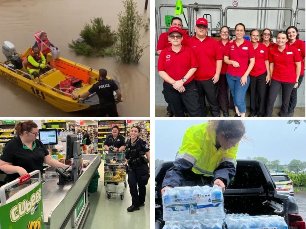 Woolworths and Coles workers have pitched in to help the Ingham community after days of intense rainfall. Pictures: Supplied.