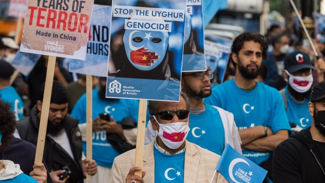 Protesters demonstrate in front of the Chinese Embassy in London in support of the Uyghur Muslim community.  The Global Times has attacked US Secretary of State Anthony Blinken for meeting with Uyghur survivors of internment camps. Picture: Getty Images.