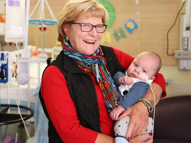 Helen Hope is part of the Ward Grandparents program at Westmead Children's Hospital with patient Xavier McDonald who was born 3 months premature. Picture: Danny Aarons