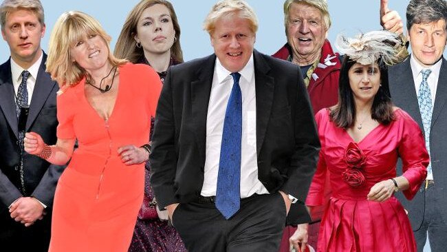 The Johnson clan: (From L) Jo, 47, brother; Rachel, 53, sister; Carrie Symonds, 31, girlfriend; Boris, 54; Stanley, 78, father; Marina Wheeler, 55, estranged wife; Leo, 51, brother