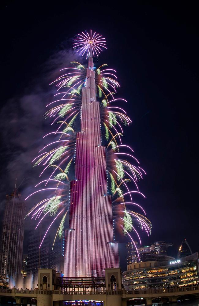 Fireworks on the Burj Khalifah tower in Dubai. Picture: AFP