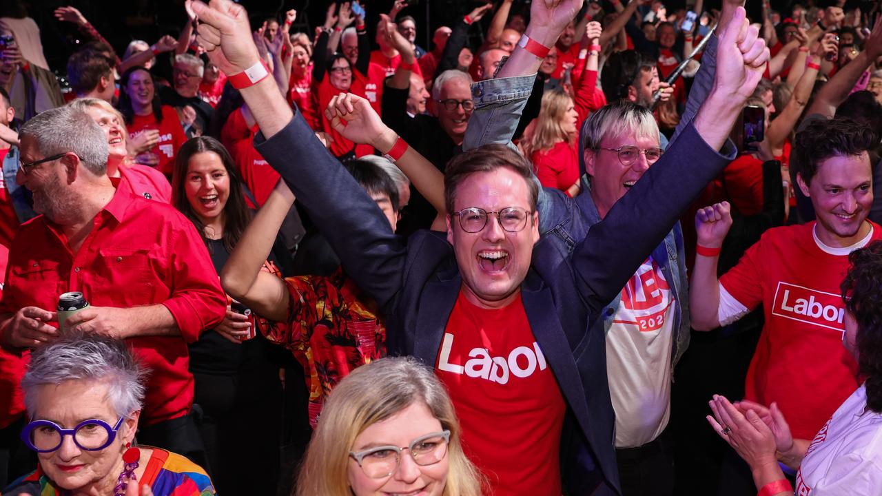 Labor supporters were ecstatitc with Prime Minister Anthony Albanese’s massive win on Saturday night. Picture: Jason Edwards / NewsWire