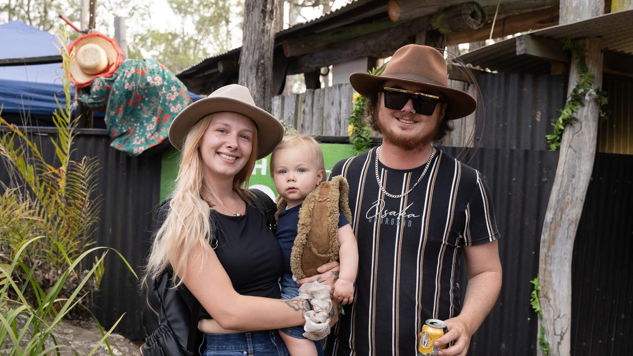 Talitha Erlaudss, Saudau Hewes and Baby Sterling at the 2023 Gympie Music Muster. August 24, 2023. Picture: Christine Schindler