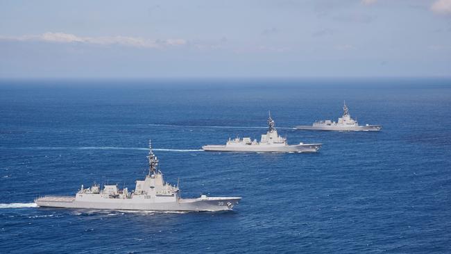 HMAS Hobart, Brisbane and Sydney sail in formation for the first time off the coast of NSW. Picture: Department of Defence