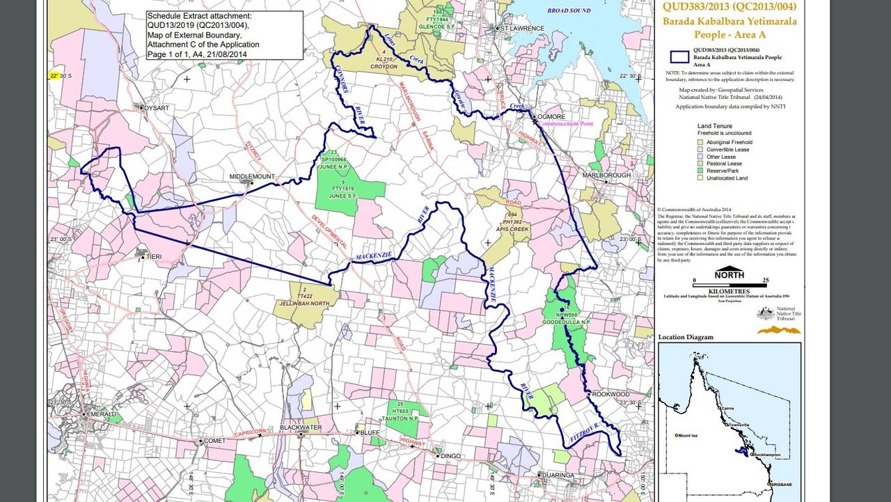 The Barada Kabalbara Yetimalara People are pushing for Native Title determination over a 7800sq km area of Central Queensland between Sarina and Rockhampton. Picture: Documents submitted to National Native Title Tribunal