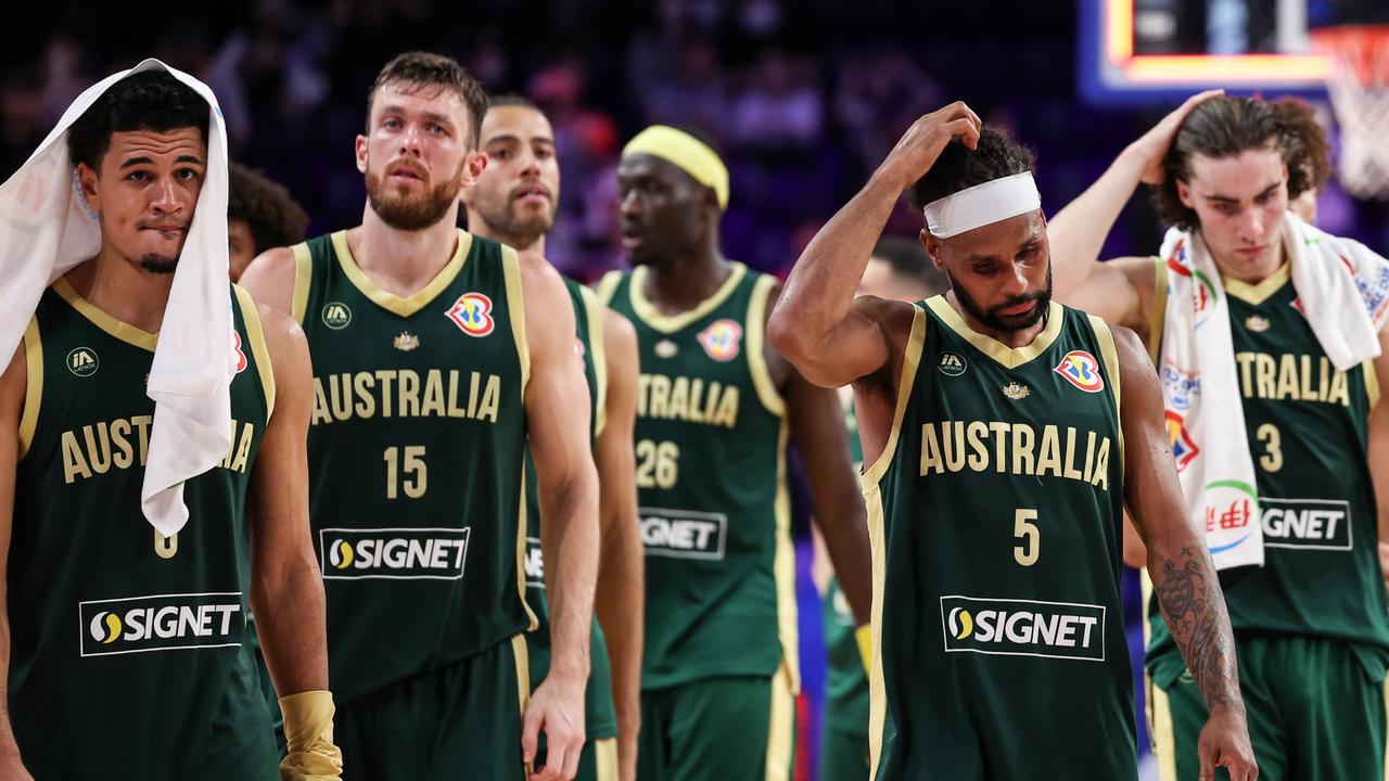 OKINAWA, JAPAN - SEPTEMBER 01: Australian players look dejected after the FIBA Basketball World Cup 2nd Round Group K game between Slovenia and Australia at Okinawa Arena on September 01, 2023 in Okinawa, Japan. (Photo by Takashi Aoyama/Getty Images)