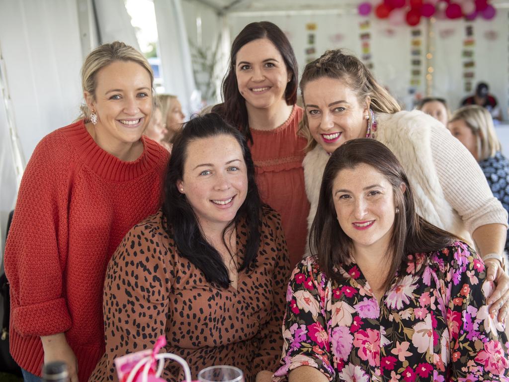 (back from left) Jess Poulton, Hope Lucht and Christina Gilritchie. (front from left) Stacey Phillips and Emma Buosi. Rangers Ladies Day at Gold Park. Saturday, May 28, 2022. Picture: Nev Madsen.